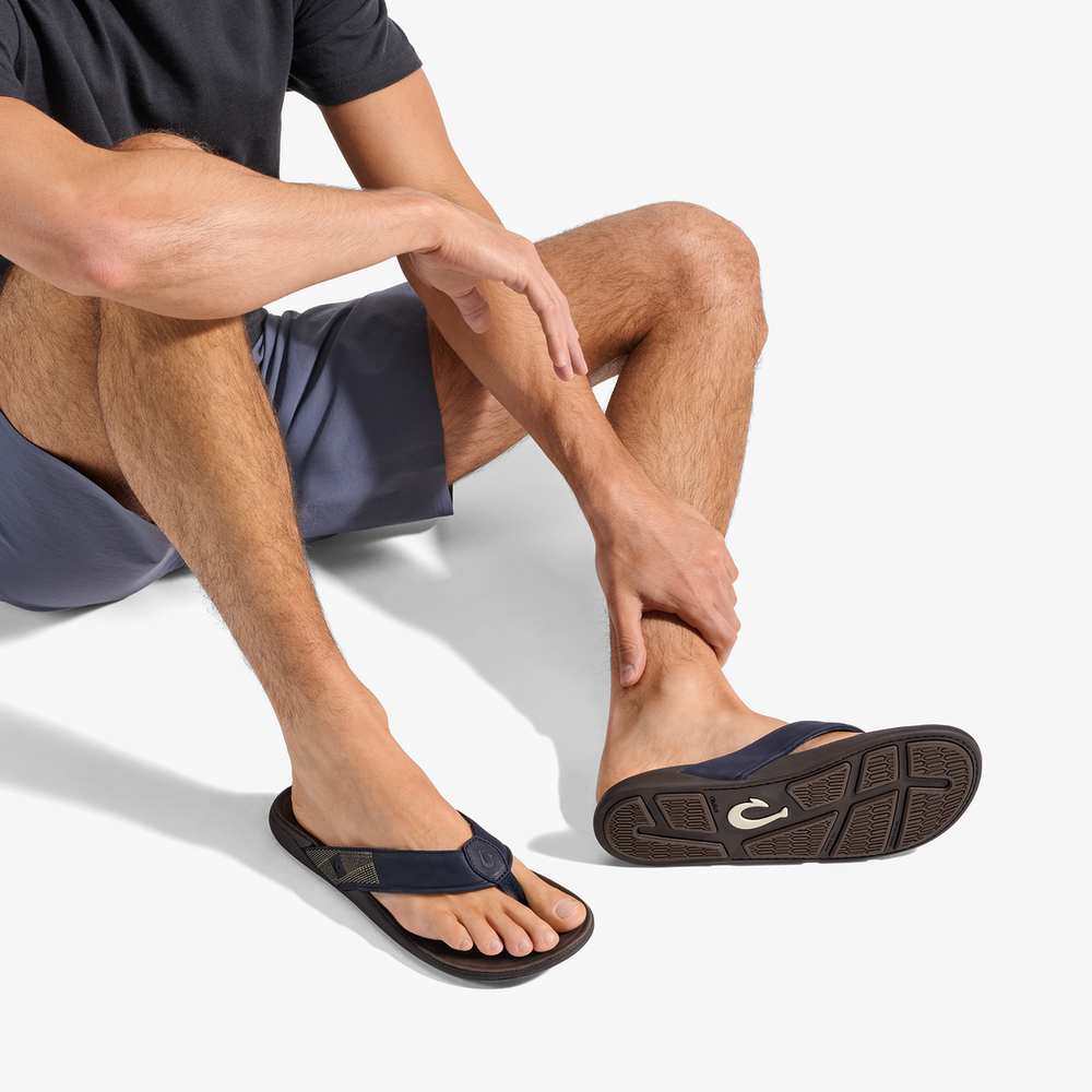 Tuahine Men's Waterproof Leather Beach Sandals - Trench Blue | Men OluKai on sale