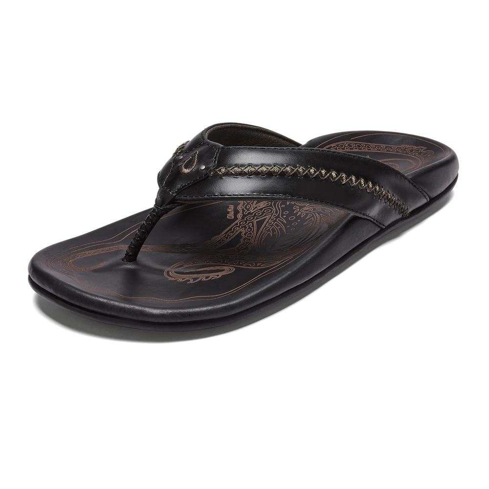 OluKai Mea Ola - Black | Men's Leather Beach Sandals | Men OluKai outlet